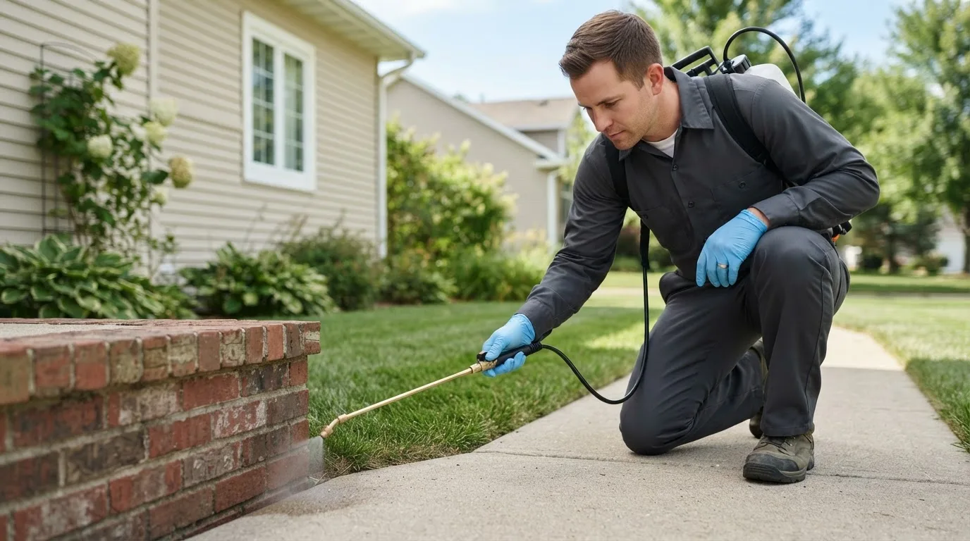 Pest control technician treating a home near Benton, KS